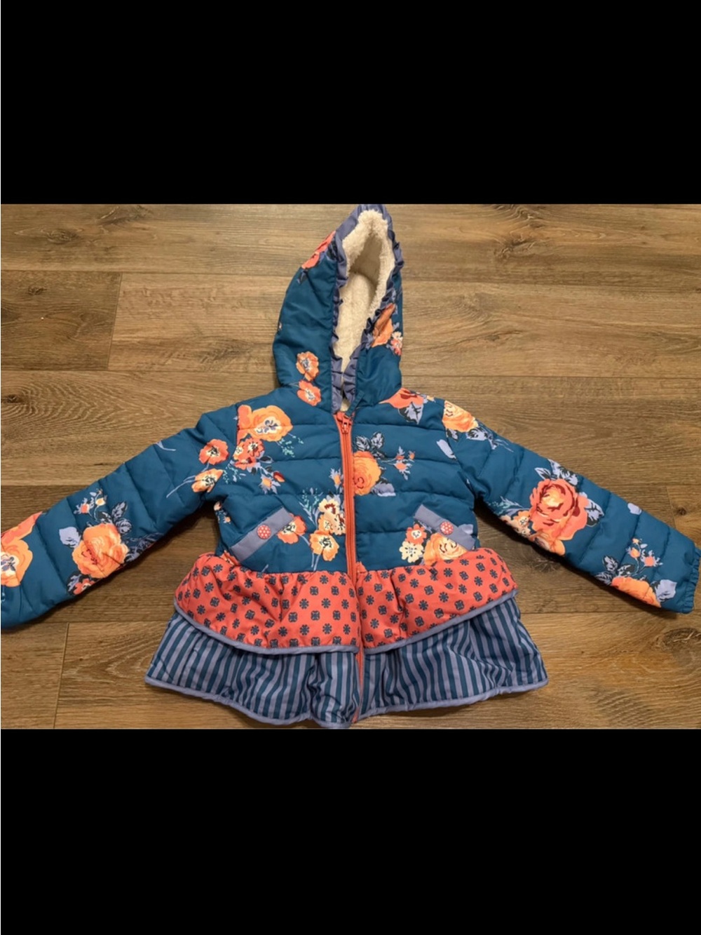 Matilda Jane Teal Floral Hooded Peplum Puffer Jacket with Coral Accents